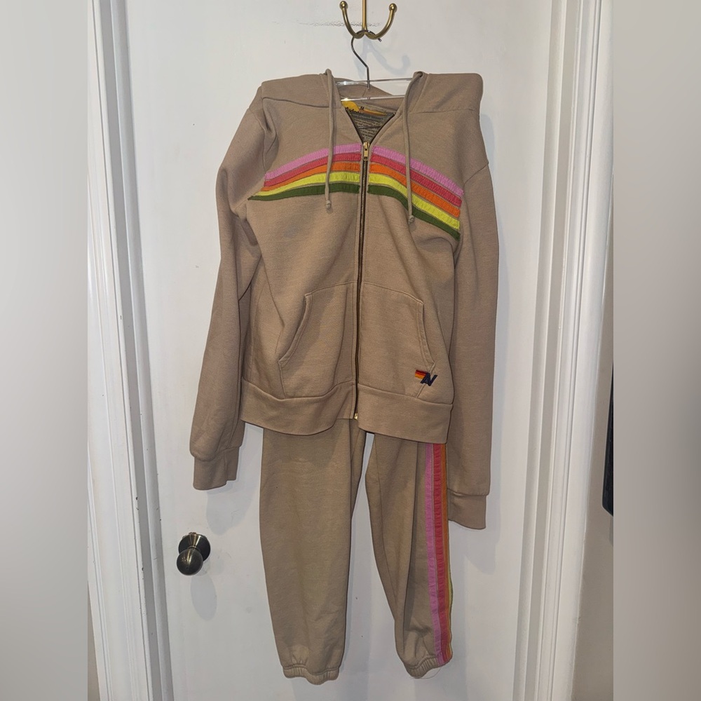 Aviator Nation Beige Zip Hoodie with Neon Rainbow Stripes - Picture 3 of 7
